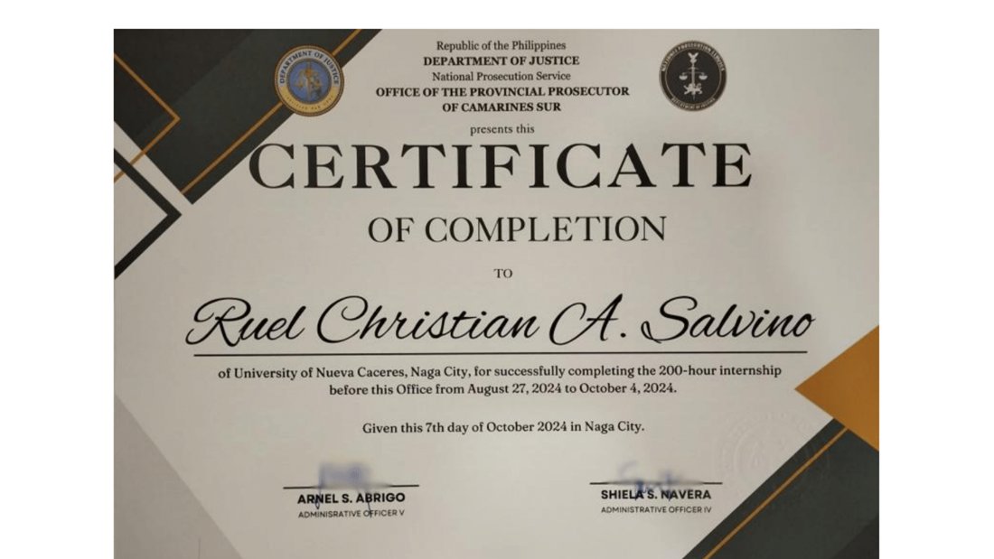Certificate of Completion, 200-hour internship, Office of the Provincial Prosecutor of Camarines Sur