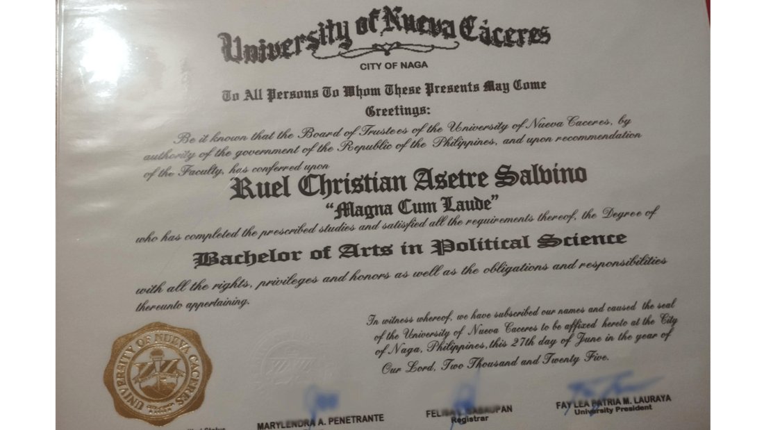 University of Nueva Caceres diploma, Bachelor of Arts in Political Science, Magna Cum Laude